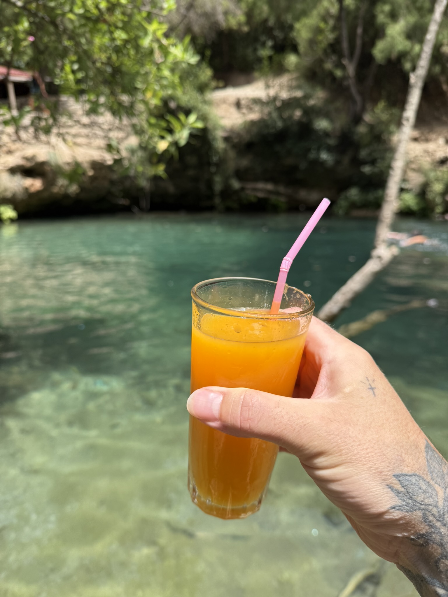 Fresh orange juice beside the clear river in Akchour